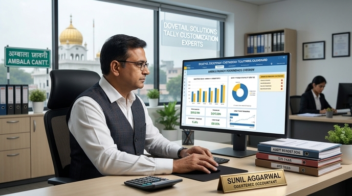 A professional accountant in Ambala using a customized TallyPrime dashboard developed by Dovetail Solutions.