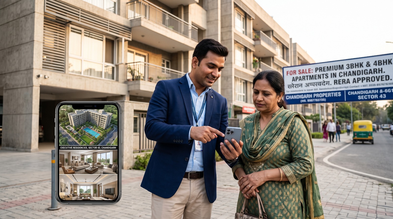 A real estate broker in Chandigarh showing a property video on a mobile phone to a client.j