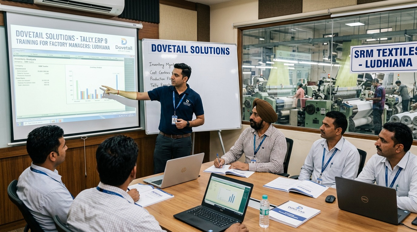 Dovetail Solutions technical expert providing custom Tally ERP training to factory managers in Ludhiana, Punjab.