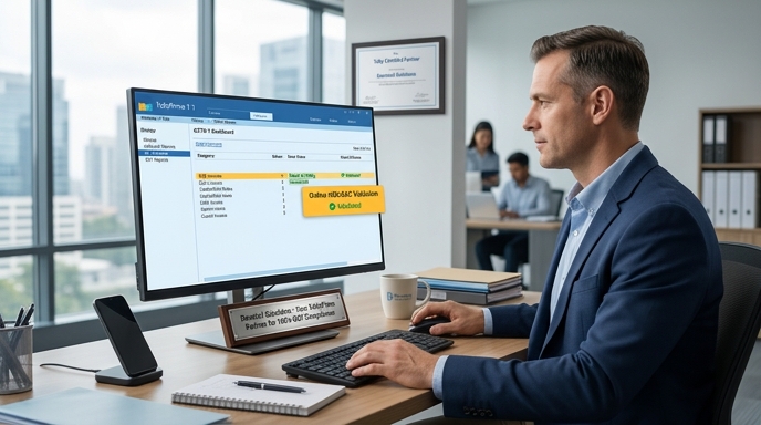 Professional business owner using TallyPrime 7.1 for accounting and GST compliance provided by Dovetail Solutions.