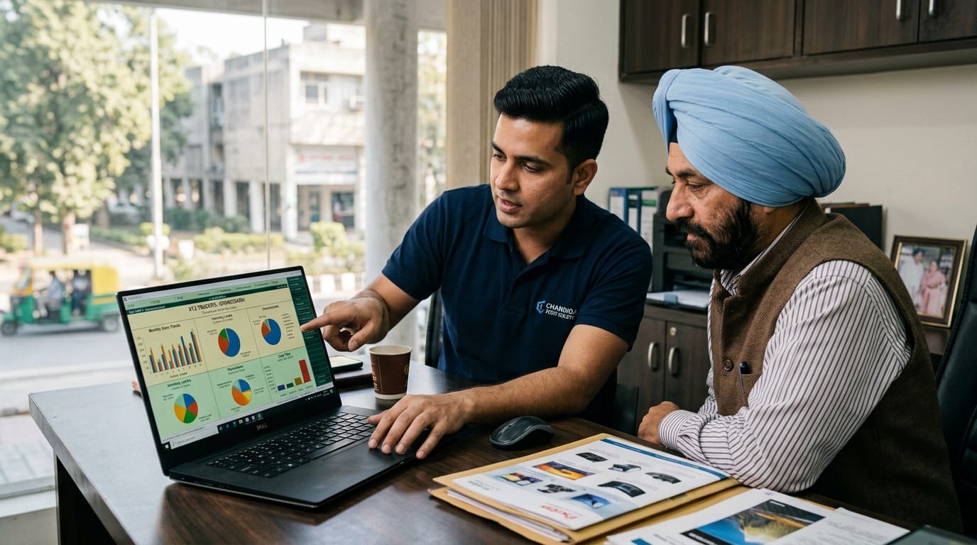 A professional IT consultant explaining a custom Tally software dashboard to a Chandigarh business owner on a laptop.