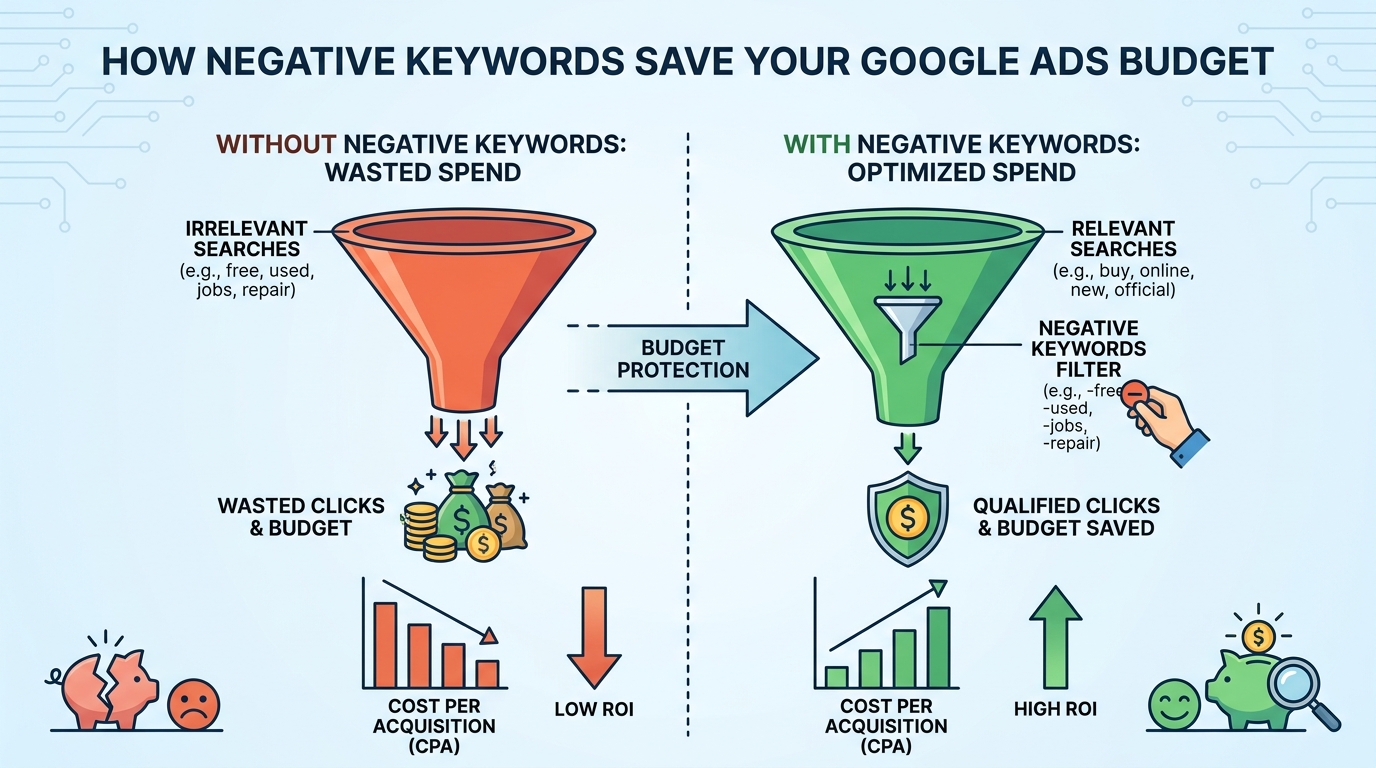 A chart showing how negative keywords save budget in a Google Ads account.