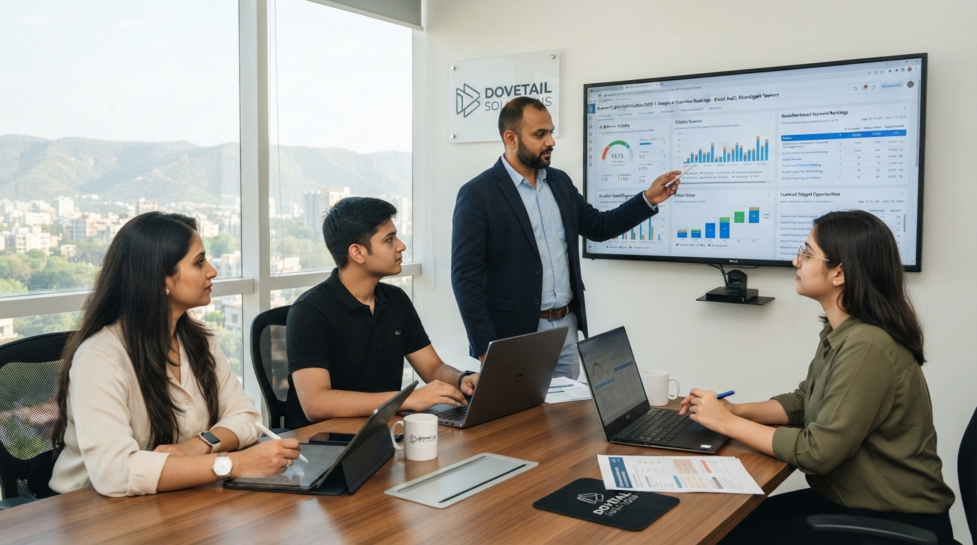 Vishal Sahani and the Dovetail Solutions team analyzing Answer Engine Optimization and Google AI Overview rankings on a computer screen in Chandigarh.
