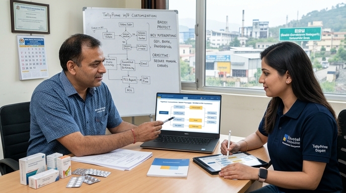 A local business owner in Baddi discussing TallyPrime customization workflows with a Dovetail Solutions expert