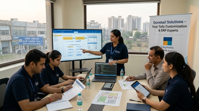 Tally customization experts at Dovetail Solutions developing custom ERP software for a business in Mohali.